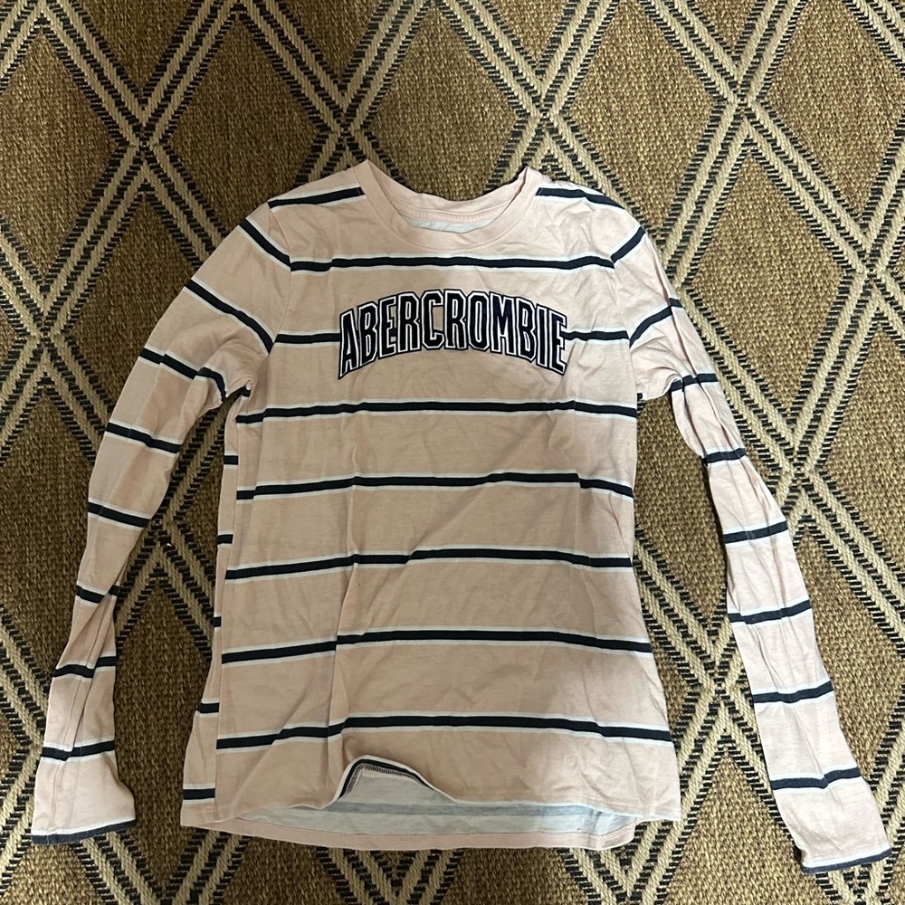 Baby Pink With Black & White Stripes Abercrombie Kids Long Sleeve Tee